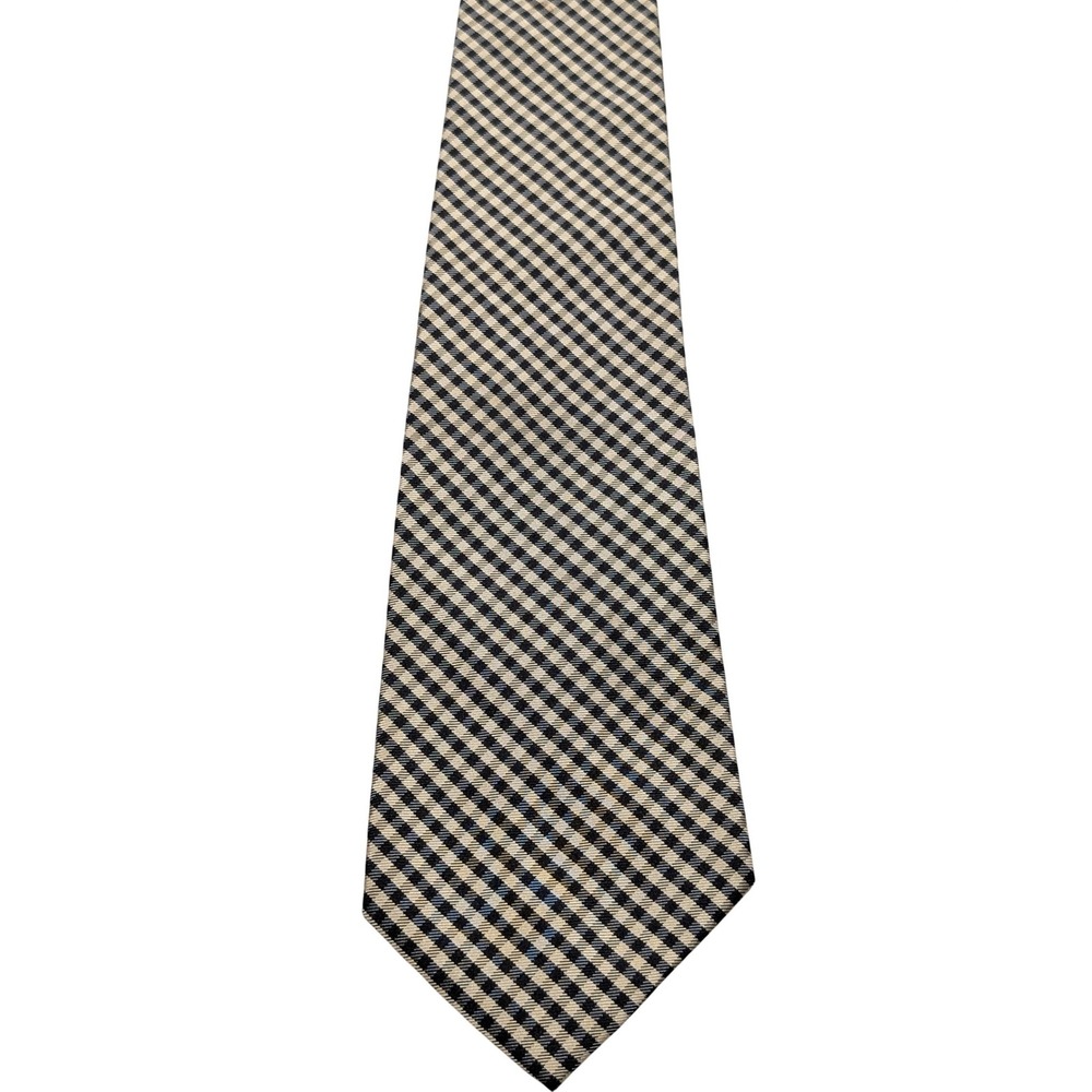 Polo Ralph Lauren Tie Mens OS Gold Navy Gingham Check Silk Classic Woven USA